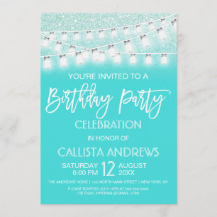 Teal Mason Jar String Lights Glitter Birthday Invitation