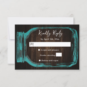 Teal Mason Jar Wood Burlap Hearts Fall Wedding RSVP Card