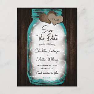 Teal Mason Jar Wood Hearts Wedding Save The Date Announcement Postcard