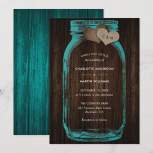 Teal Mason Jar Wood Monogram Burlap Hearts Wedding Invitation