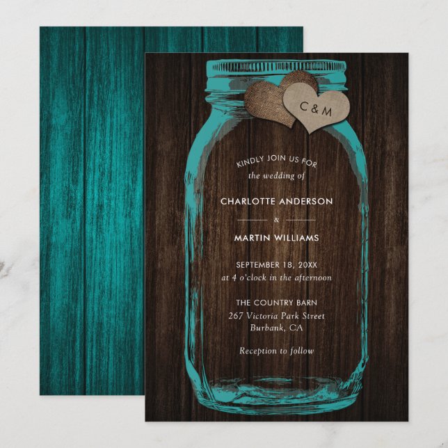 Teal Mason Jar Wood Monogram Burlap Hearts Wedding Invitation (Front/Back)