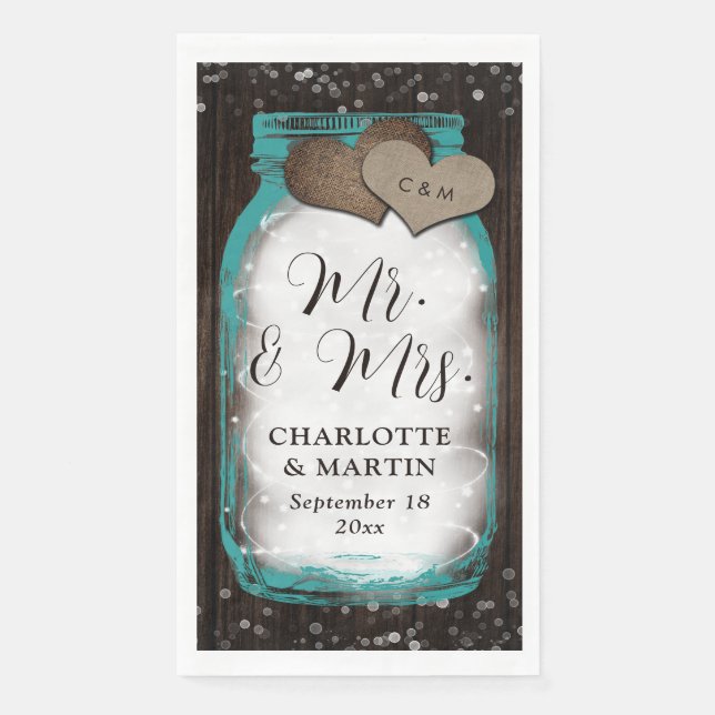 Teal Mason Jar Wood Rustic Wedding Napkin (Front)