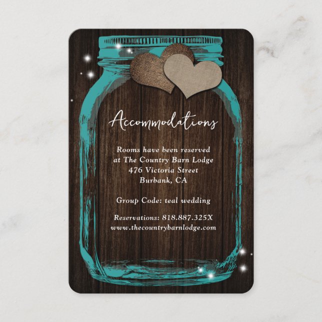 Teal Mason Jar Wood Wedding Accommodation Card (Front)