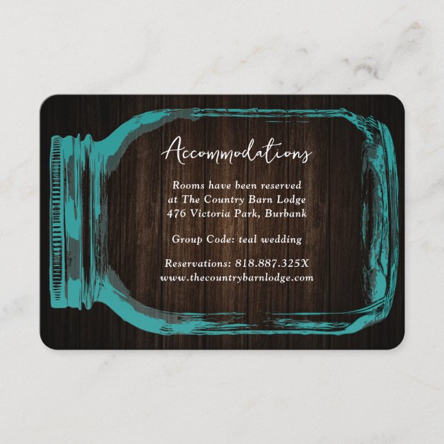 Teal Mason Jar Wood Wedding Hotel Accommodation Enclosure Card (Front)