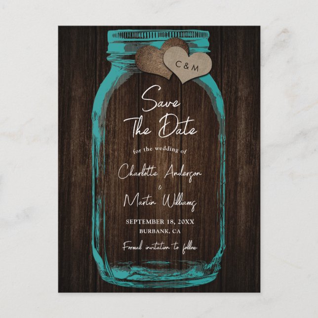 Teal Mason Jar Wood Wedding Save The Date Announcement Postcard (Front)