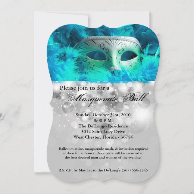 Teal Masquerade Ball Mask Costume Halloween Part Invitation (Front)
