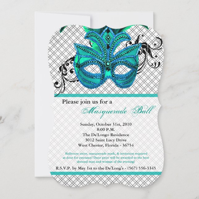 Teal Masquerade Ball Mask Costume Halloween Part Invitation (Front)