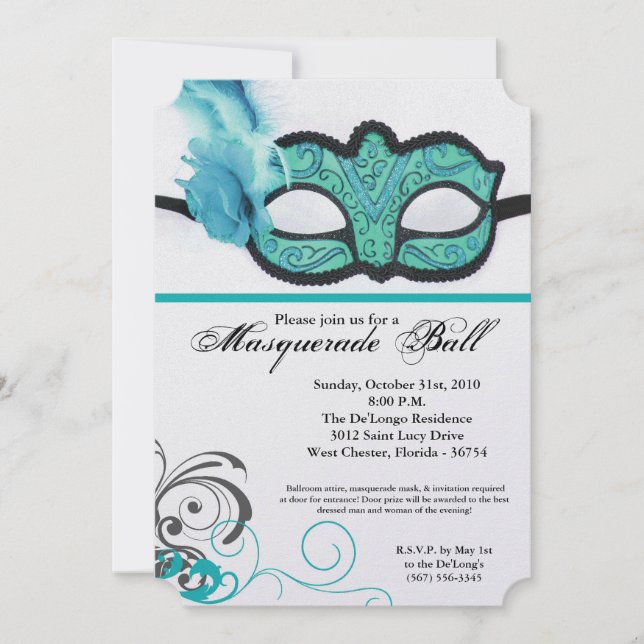 Teal Masquerade Ball Mask Costume Halloween Part Invitation (Front)