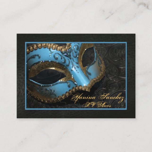 Teal Masquerade RSVP Business Cards (Front)