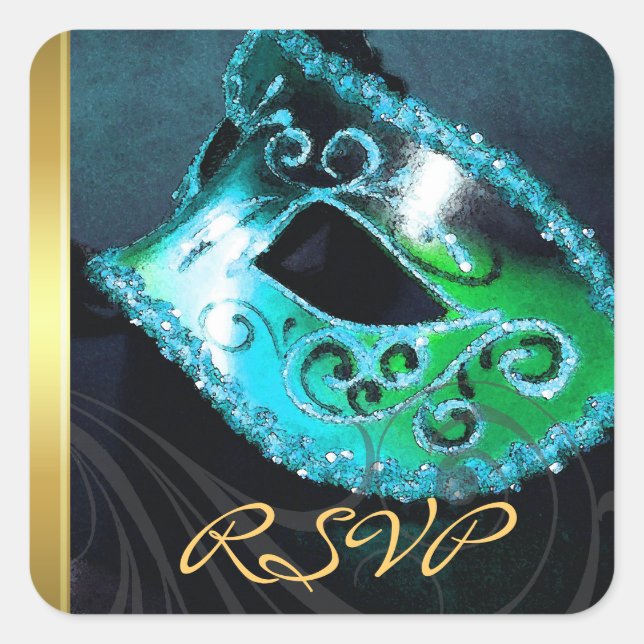 Teal Masquerade Swirl RSVP Sticker (Front)