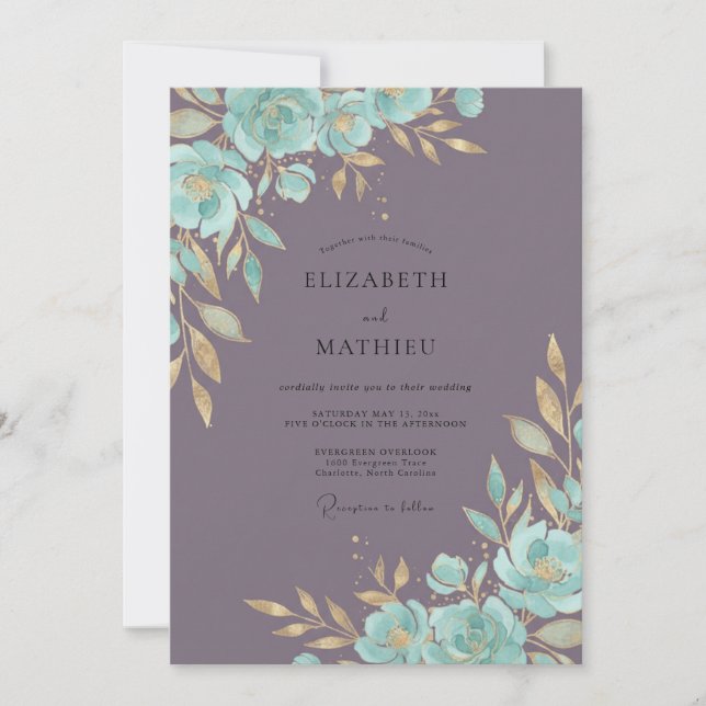 Teal Mauve Blossom Wedding Invitation (Front)