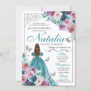 Teal & Mauve Ocean Sunset Princess Quinceanera Invitation