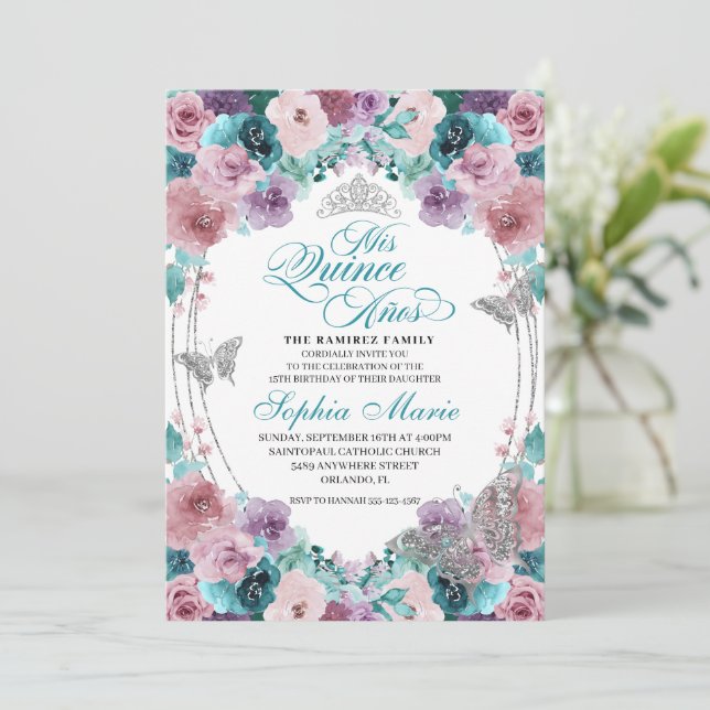 Teal & Mauve Ocean Sunset Tiara Quinceanera Invitation (Standing Front)