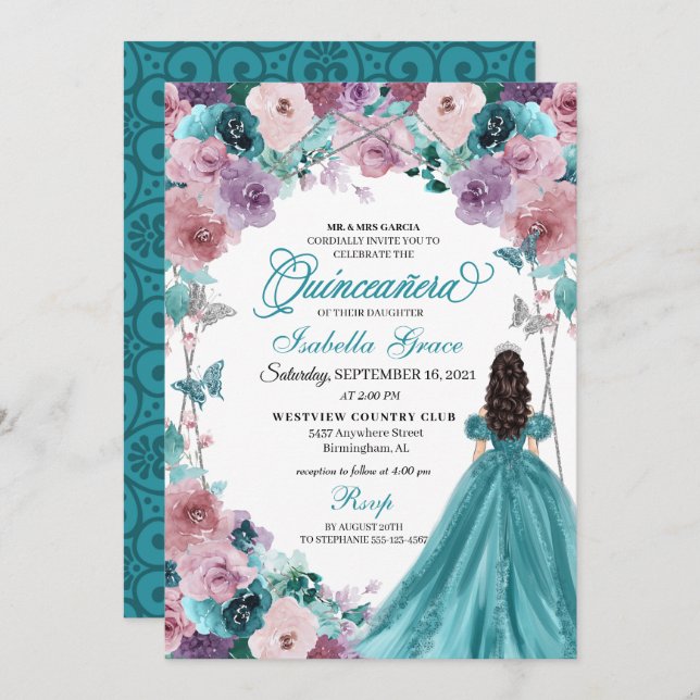 Teal & Mauve Sunset Quinceanera Princess Invitation (Front/Back)