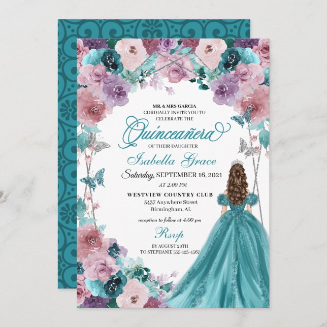 Teal & Mauve Sunset Quinceanera Princess Invitation (Front/Back)