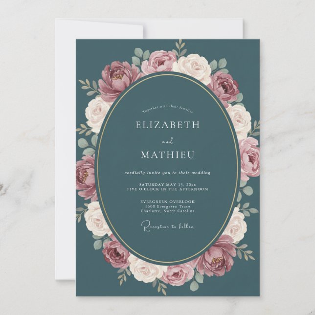 Teal Mauve Wreath Wedding Invitation (Front)