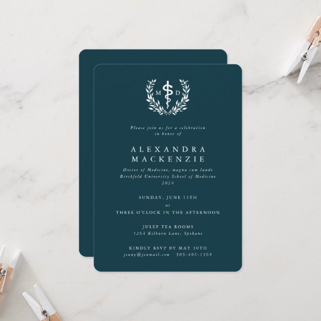 Teal MD Asclepius + Laurel Wreath Graduation Invitation (Front/Back In Situ)