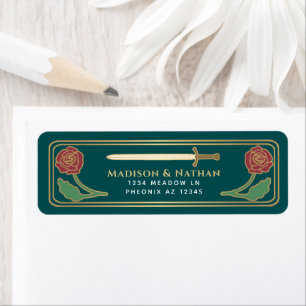 Teal Mediaeval Fantasy Gold Sword Wedding Label