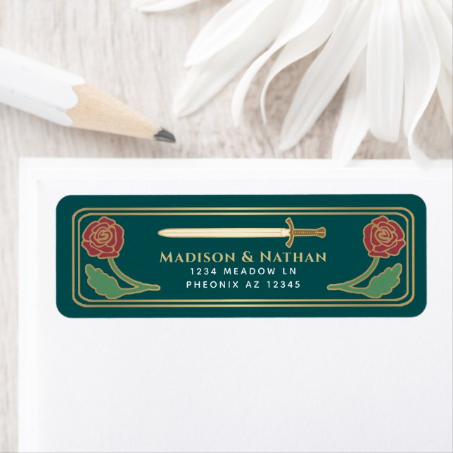Teal Mediaeval Fantasy Gold Sword Wedding Label (Insitu)