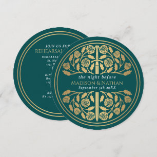 Teal Mediaeval Gold Sword Royal Wedding Rehearsal  Invitation