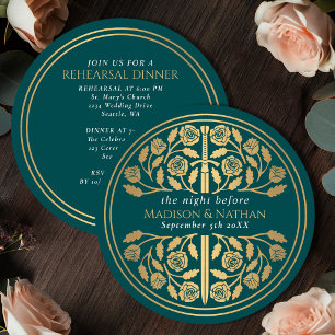 Teal Mediaeval Gold Sword Royal Wedding Rehearsal  Invitation