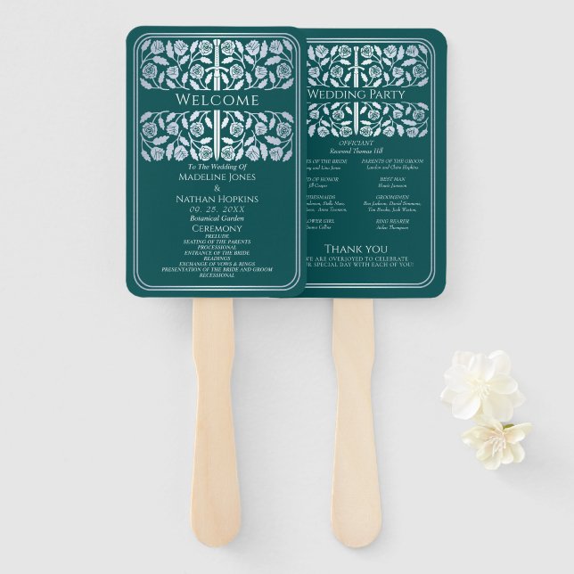 Teal Mediaeval Silver Sword Royal Wedding Program Hand Fan (Front and Back)
