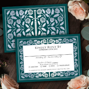 Teal Mediaeval Silver Sword Royal Wedding RSVP Card