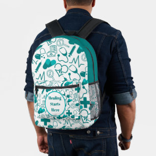 teal Medical Icons Pattern Customisable Healthcare Printed Backpack