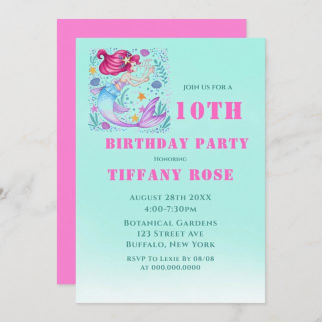 Teal Mermaid 10th Birthday Party Invitations  (Front/Back)