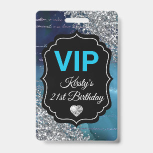 Teal Mermaid Letters Silver Glitter Birthday VIP ID Badge