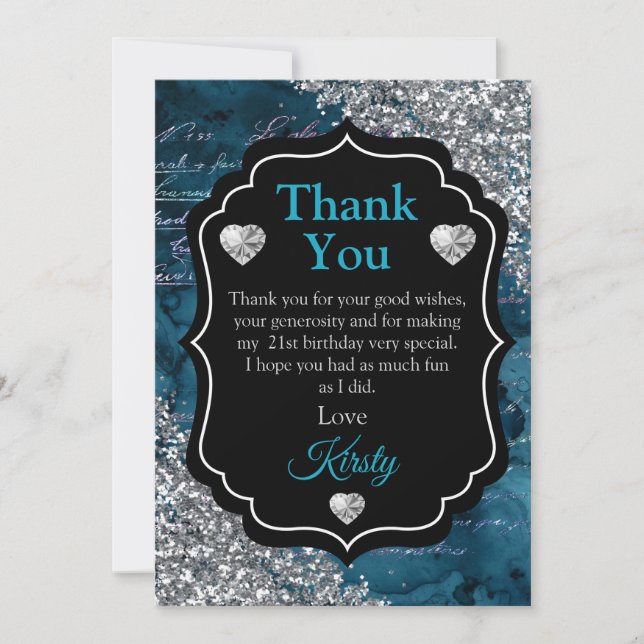 Teal Mermaid Letters Silver Glitter Thank You (Front)