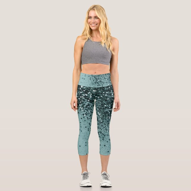 Teal Mermaid Ocean Glitter #4 (Faux Glitter) #art  Capri Leggings (Front)