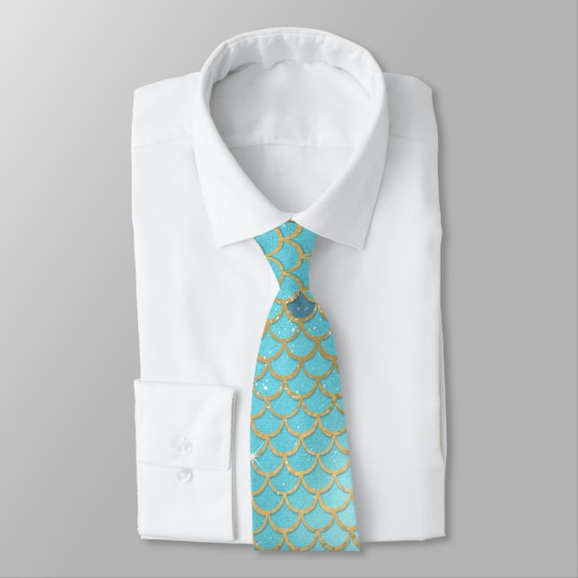 Teal Mermaid Scales Wedding Neck Tie (Tied)