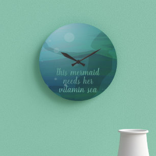 Teal Mermaid Silhouette Ocean Waves Custom Quote Round Clock