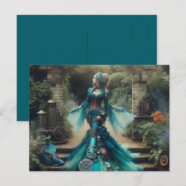 Teal Mermaid Steampunk Vintage Victorian Lady Postcard (Front/Back)