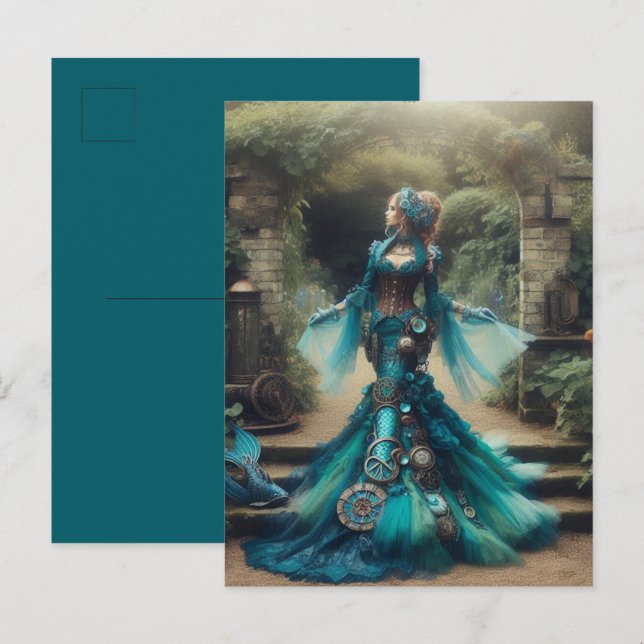 Teal Mermaid Steampunk Vintage Victorian Lady Postcard (Front/Back)