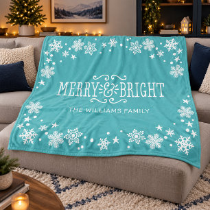 Teal Merry and Bright Family Name Fleece Blanket