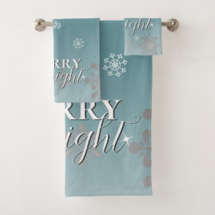 Teal Merry and Bright Snowflakes Christmas Bath Towel Set