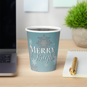 Teal Merry and Bright Snowflakes Christmas Paper Cups