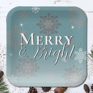 Teal Merry and Bright Snowflakes Christmas Paper Plate