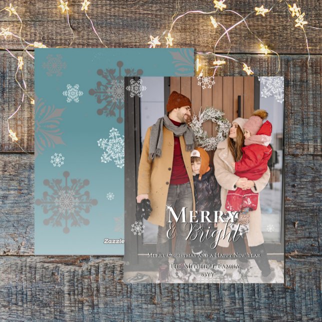 Teal Merry and Bright Snowflakes Christmas Photo Holiday Card (Teal Merry and Bright Snowflakes Christmas Photo Holiday Card)