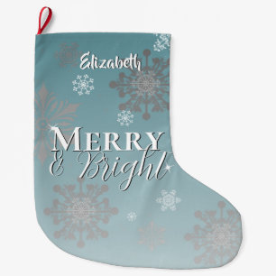 Teal Merry and Bright Snowflakes Large Christmas Stocking