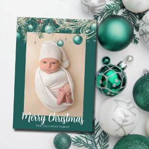 Teal Merry Christmas Ornaments 2 Photo Holiday Card