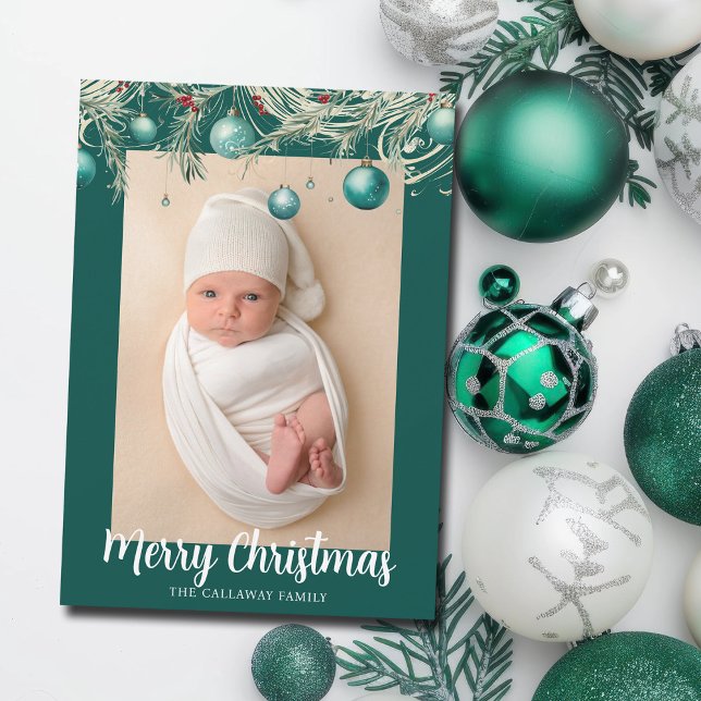 Teal Merry Christmas Ornaments 2 Photo Holiday Card (Creator Uploaded)