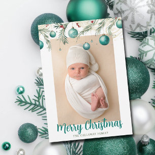 Teal Merry Christmas Ornaments Vertical Photo Holiday Card