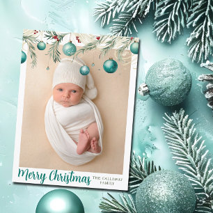 Teal Merry Christmas Ornaments Vertical Photo Holiday Postcard