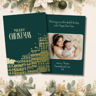 Teal Merry Christmas Townscape Photo Gold Foil