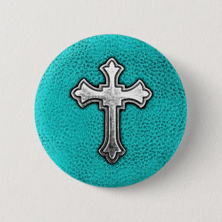 Teal Metal Cross 6 Cm Round Badge