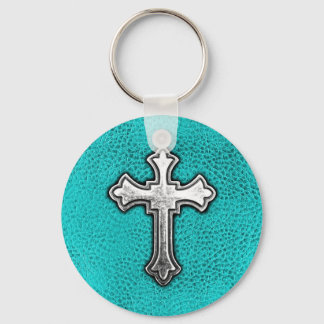 Teal Metal Cross Key Ring
