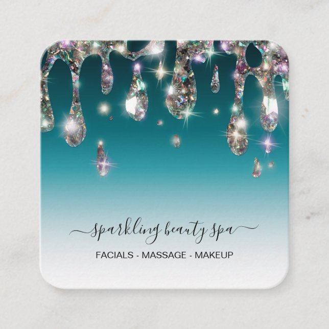 *~* TEAL Metallic Drip Dripping GLITTER AP7 Square Business Card (Front)